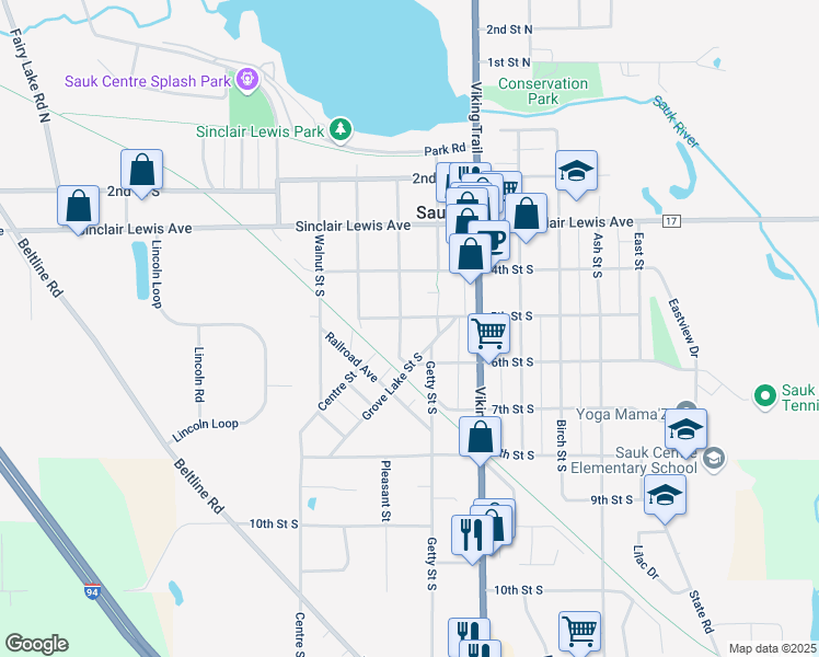 map of restaurants, bars, coffee shops, grocery stores, and more near 427 Elm Street South in Sauk Centre