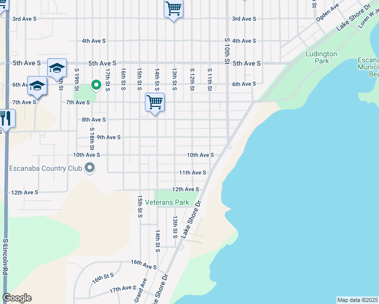 map of restaurants, bars, coffee shops, grocery stores, and more near 1201-1299 9th Avenue South in Escanaba
