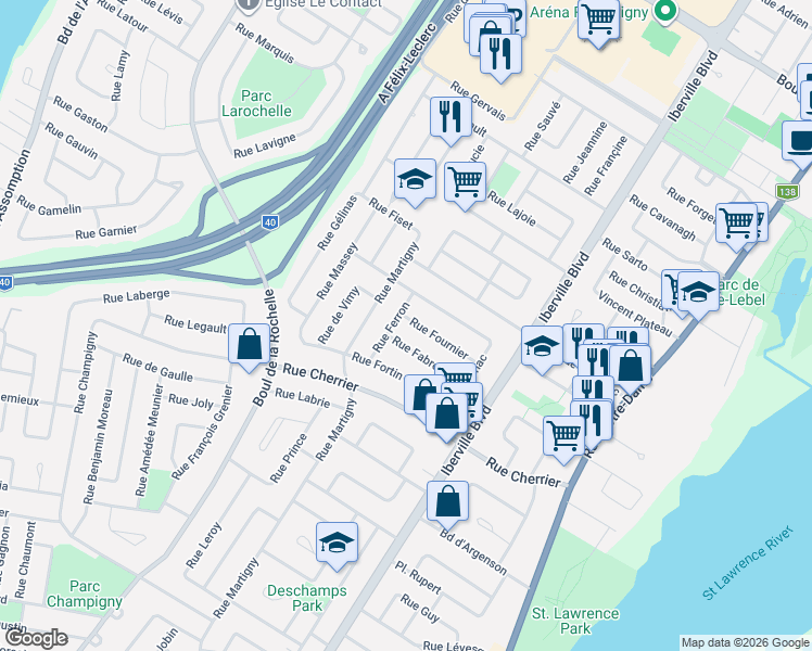 map of restaurants, bars, coffee shops, grocery stores, and more near 130 Rue Fournier in Repentigny