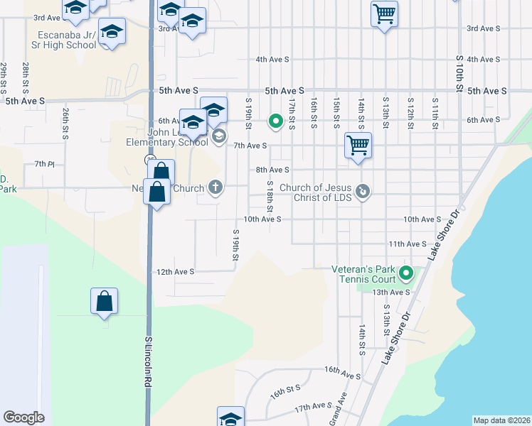 map of restaurants, bars, coffee shops, grocery stores, and more near 1801-1829 9th Ave S in Escanaba
