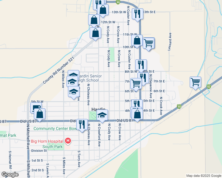 map of restaurants, bars, coffee shops, grocery stores, and more near 225 6th Street West in Hardin