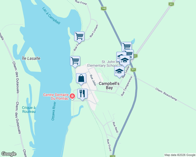 map of restaurants, bars, coffee shops, grocery stores, and more near 9 Rue Campbell in Campbell's Bay