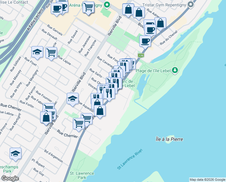 map of restaurants, bars, coffee shops, grocery stores, and more near 379 Rue Notre Dame in Repentigny