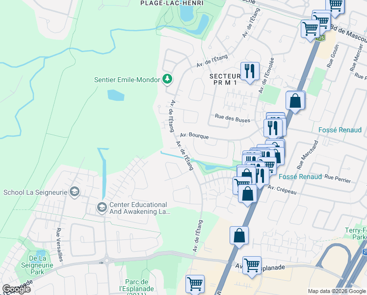 map of restaurants, bars, coffee shops, grocery stores, and more near 421 Avenue de l'Étang in Mascouche