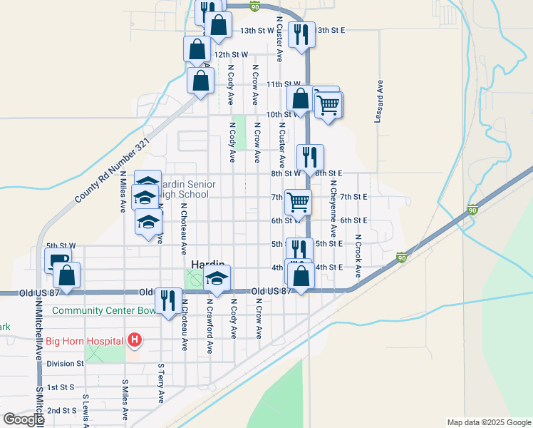 map of restaurants, bars, coffee shops, grocery stores, and more near 615 North Crow Avenue in Hardin