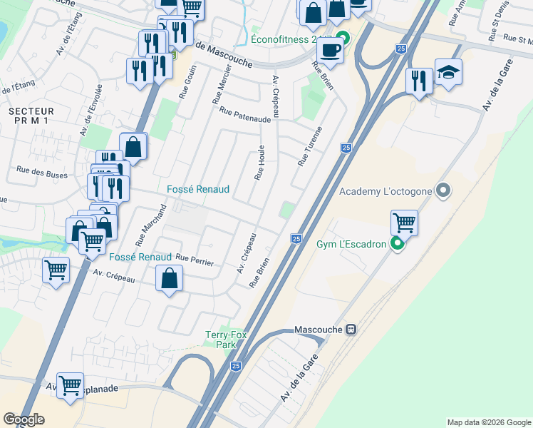 map of restaurants, bars, coffee shops, grocery stores, and more near 644 Avenue Crépeau in Mascouche