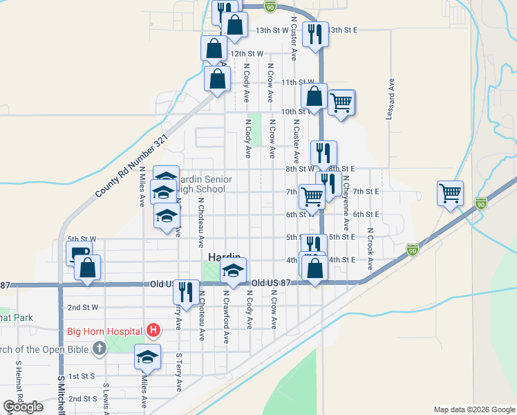 map of restaurants, bars, coffee shops, grocery stores, and more near 217 6th St W in Hardin
