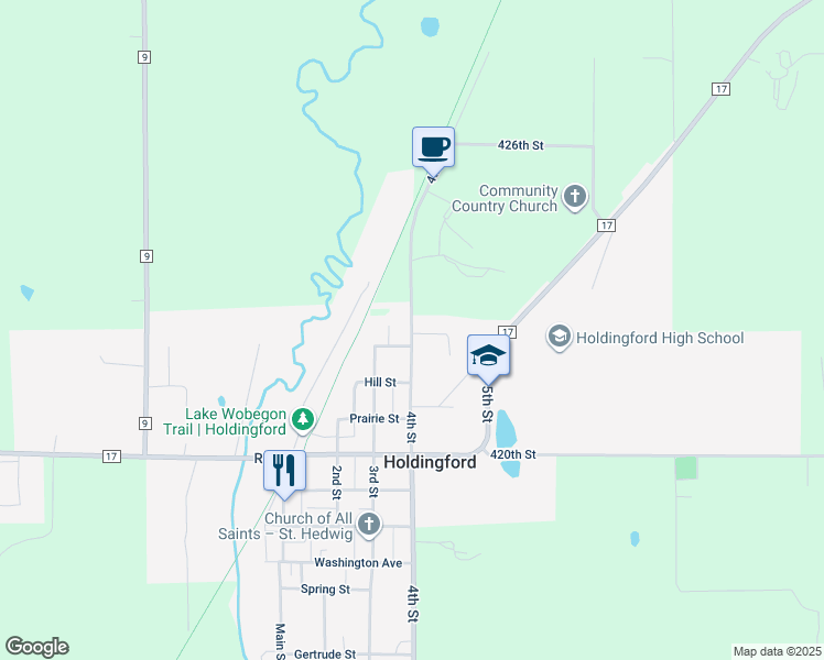 map of restaurants, bars, coffee shops, grocery stores, and more near 1039 4th Street in Holdingford