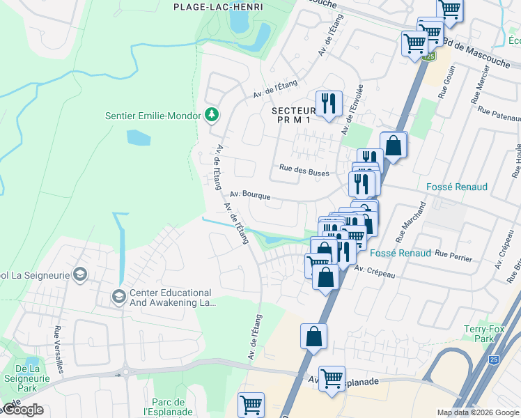 map of restaurants, bars, coffee shops, grocery stores, and more near 478 Place des Tourterelles in Mascouche