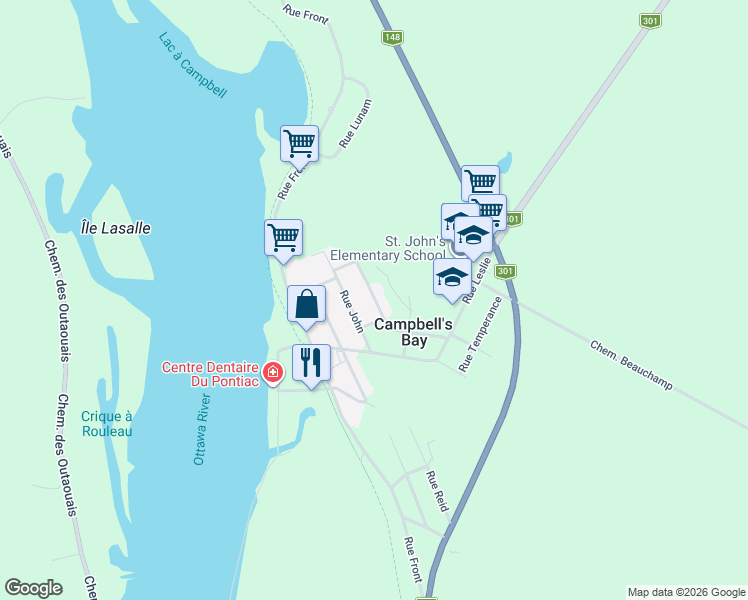 map of restaurants, bars, coffee shops, grocery stores, and more near 9 Rue Campbell in Campbell's Bay