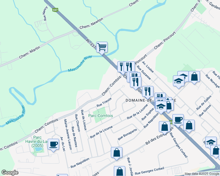 map of restaurants, bars, coffee shops, grocery stores, and more near 3270 Chemin Comtois in Terrebonne