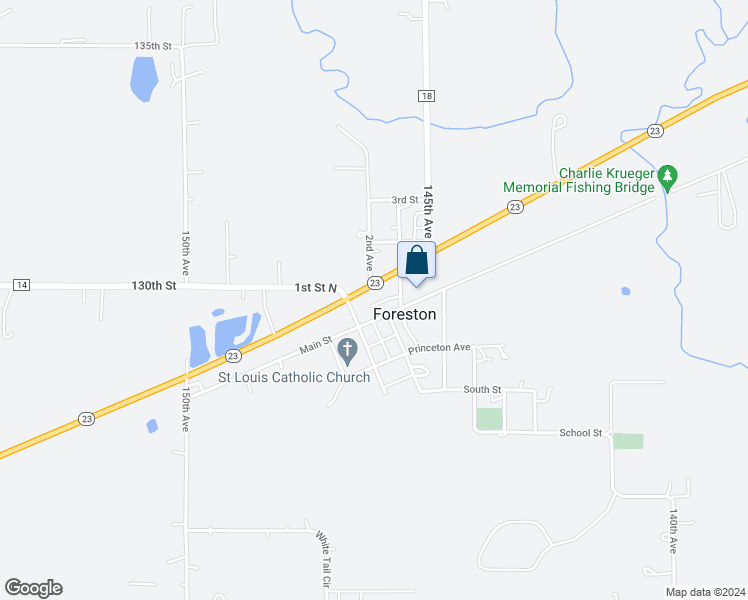 map of restaurants, bars, coffee shops, grocery stores, and more near 165 Minnesota 23 in Foreston