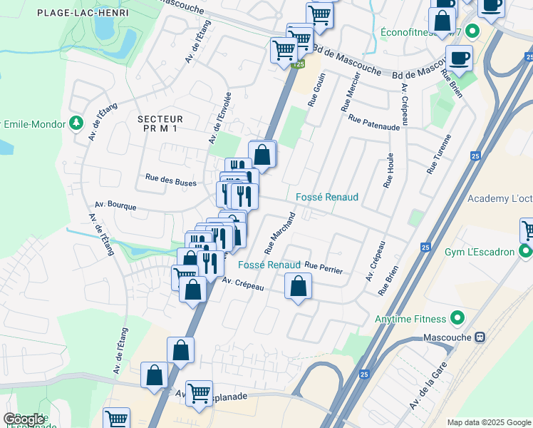 map of restaurants, bars, coffee shops, grocery stores, and more near 623 Rue Chauveau in Mascouche
