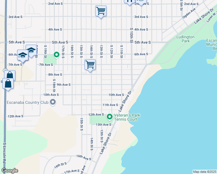 map of restaurants, bars, coffee shops, grocery stores, and more near 1201 9th Avenue South in Escanaba