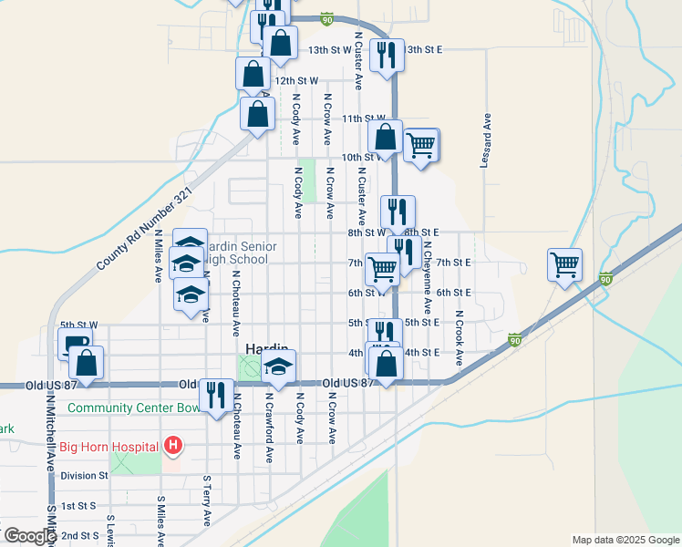 map of restaurants, bars, coffee shops, grocery stores, and more near 615 North Crow Avenue in Hardin