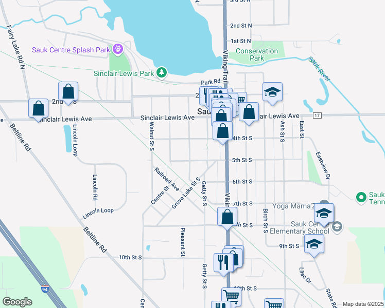 map of restaurants, bars, coffee shops, grocery stores, and more near 427 Elm Street South in Sauk Centre