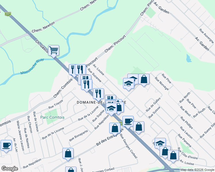 map of restaurants, bars, coffee shops, grocery stores, and more near 1147 Rue Suzanne in Mascouche