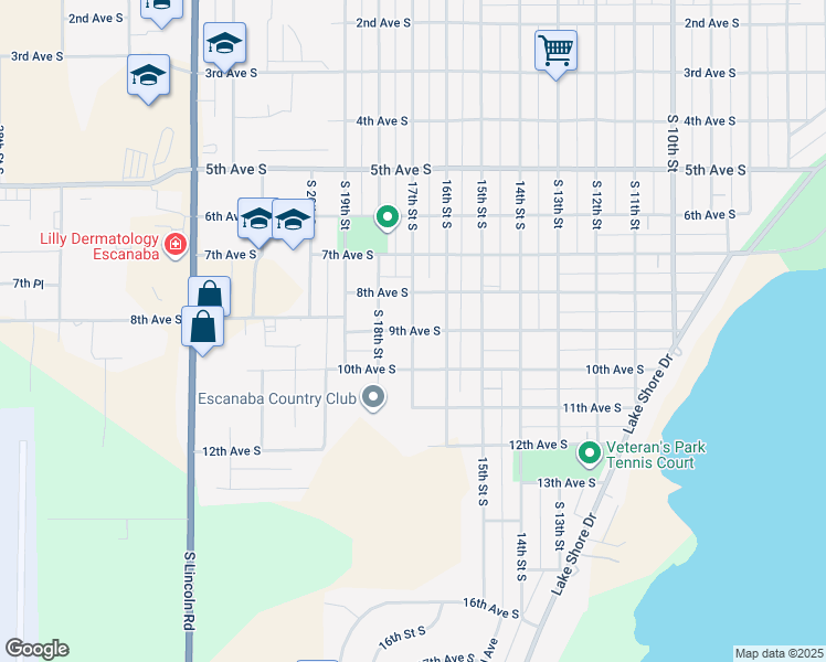 map of restaurants, bars, coffee shops, grocery stores, and more near 1001 South 17th Street in Escanaba