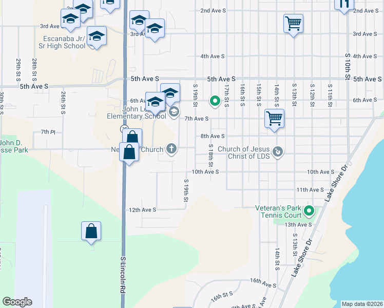 map of restaurants, bars, coffee shops, grocery stores, and more near 1829 9th Ave S in Escanaba