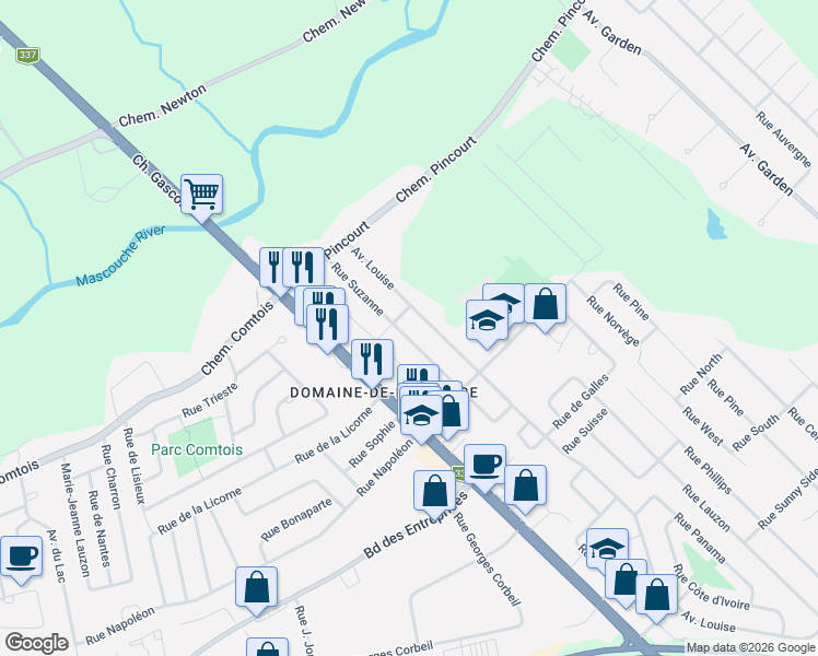 map of restaurants, bars, coffee shops, grocery stores, and more near 1147 Rue Suzanne in Mascouche