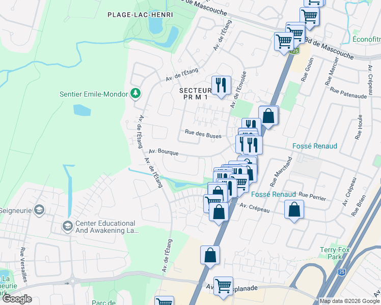 map of restaurants, bars, coffee shops, grocery stores, and more near 2803 Avenue Bourque in Mascouche