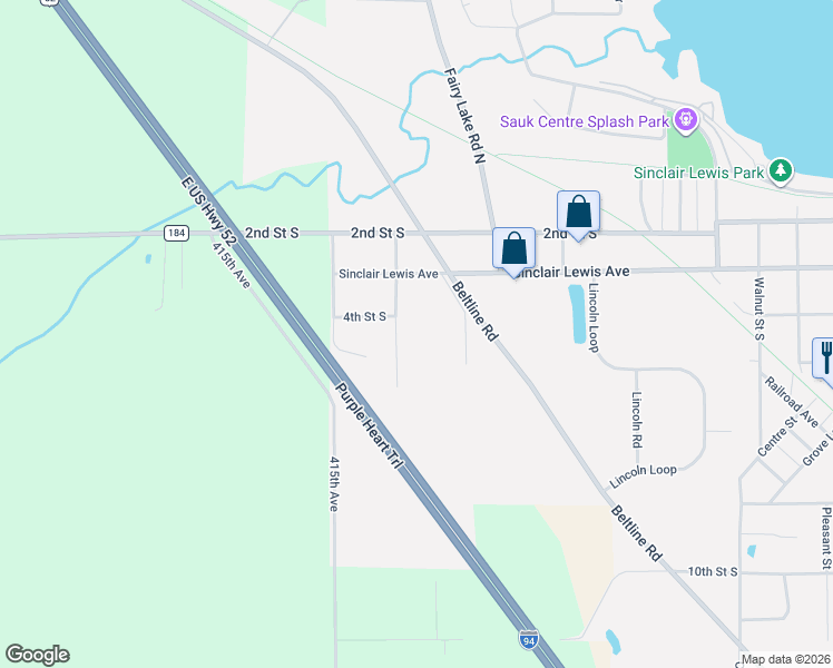 map of restaurants, bars, coffee shops, grocery stores, and more near 419 Alex Moore Street in Sauk Centre