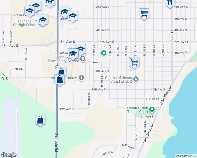 map of restaurants, bars, coffee shops, grocery stores, and more near 1801-1829 9th Ave S in Escanaba