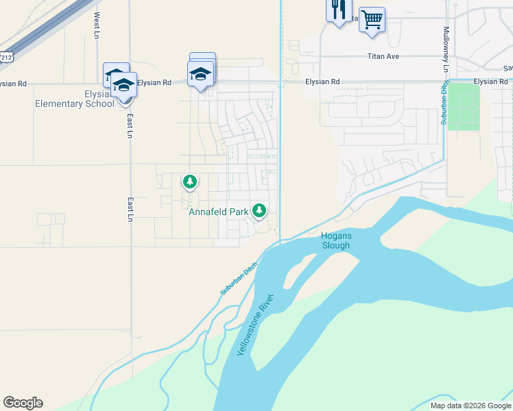map of restaurants, bars, coffee shops, grocery stores, and more near 1843 East Lane in Billings