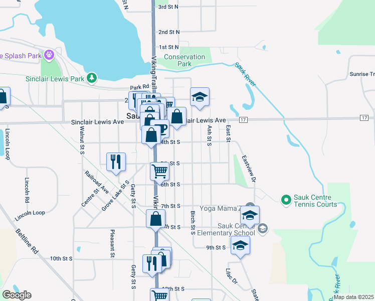 map of restaurants, bars, coffee shops, grocery stores, and more near 427 Birch Street South in Sauk Centre