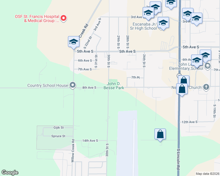 map of restaurants, bars, coffee shops, grocery stores, and more near 1031 30th Street South in Escanaba