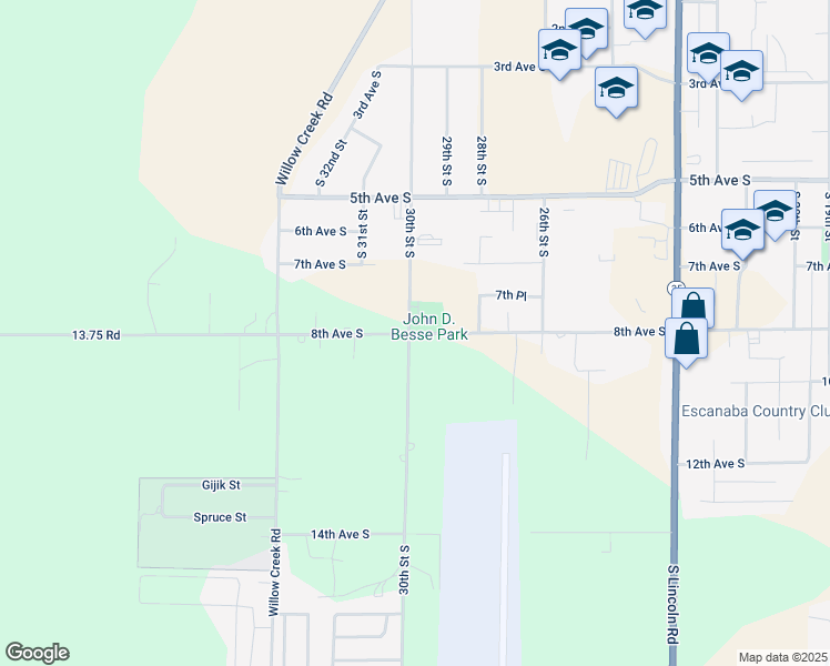 map of restaurants, bars, coffee shops, grocery stores, and more near 1031 30th Street South in Escanaba