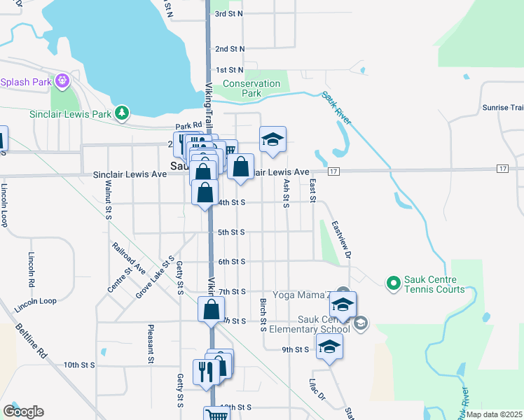 map of restaurants, bars, coffee shops, grocery stores, and more near 427 Birch St S in Sauk Centre