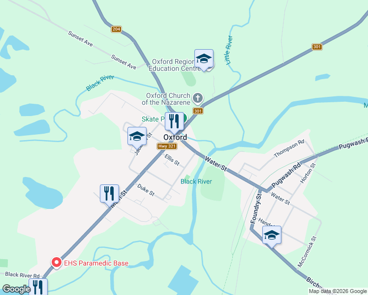 map of restaurants, bars, coffee shops, grocery stores, and more near 44 Water Street in Oxford