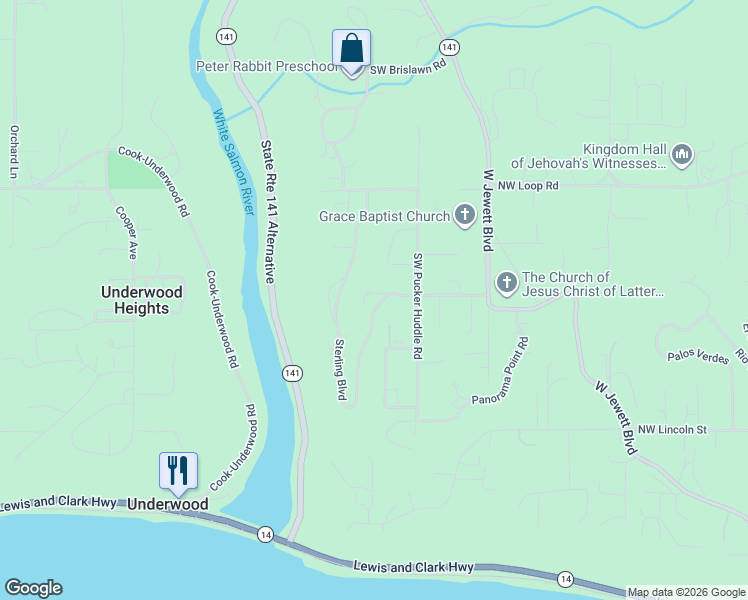 map of restaurants, bars, coffee shops, grocery stores, and more near 201 Sterling Boulevard in White Salmon