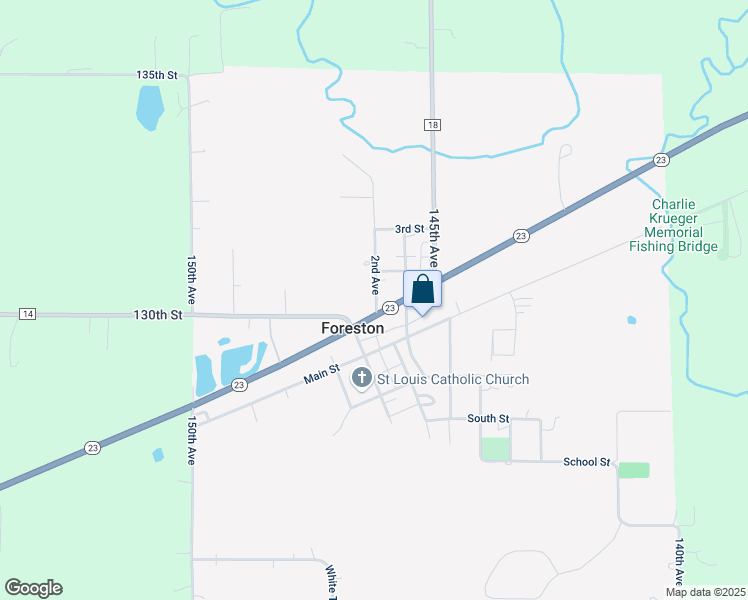 map of restaurants, bars, coffee shops, grocery stores, and more near 165 Minnesota 23 in Foreston