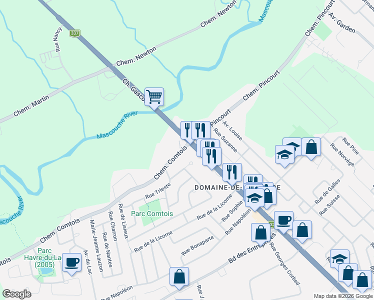 map of restaurants, bars, coffee shops, grocery stores, and more near 3350 Chemin Comtois in Terrebonne