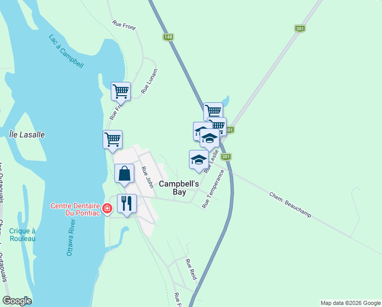 map of restaurants, bars, coffee shops, grocery stores, and more near Rue Leslie in Campbell's Bay