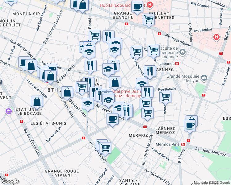 map of restaurants, bars, coffee shops, grocery stores, and more near 16 Rue Jean Desparmet in Lyon