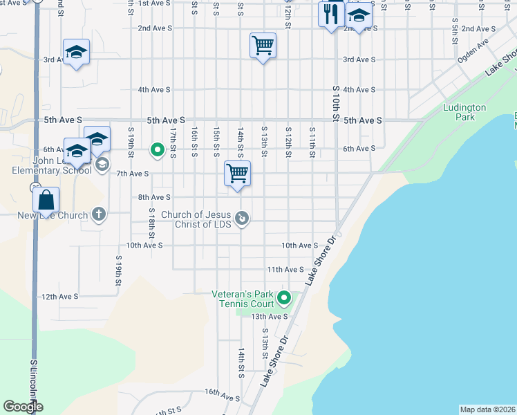 map of restaurants, bars, coffee shops, grocery stores, and more near 800-898 13th Street South in Escanaba