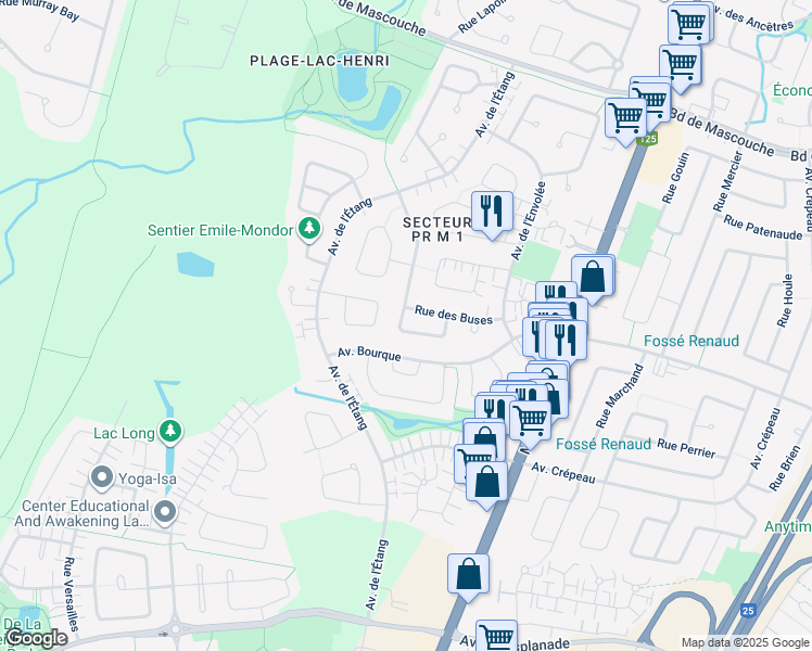map of restaurants, bars, coffee shops, grocery stores, and more near 598 Rue des Éperviers in Mascouche