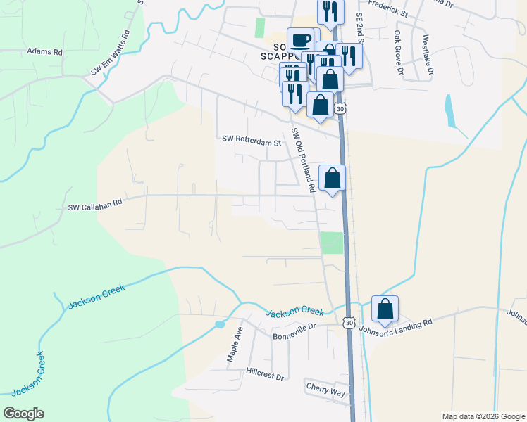 map of restaurants, bars, coffee shops, grocery stores, and more near 51113 Southwest Amsterdam Lane in Scappoose