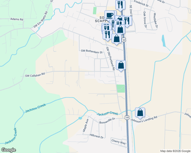 map of restaurants, bars, coffee shops, grocery stores, and more near 51082 Southwest Klompen Street in Scappoose