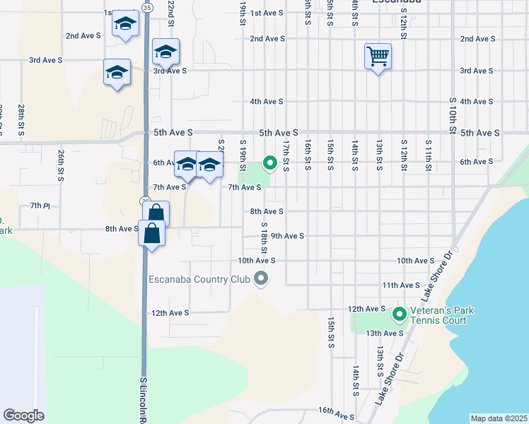 map of restaurants, bars, coffee shops, grocery stores, and more near 1800 8th Avenue South in Escanaba