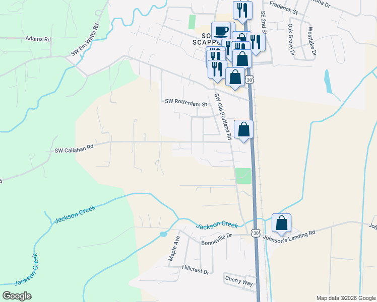 map of restaurants, bars, coffee shops, grocery stores, and more near 33378 Southwest Rokin Way in Scappoose