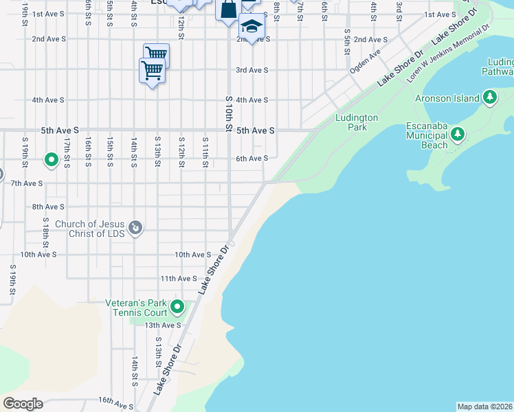 map of restaurants, bars, coffee shops, grocery stores, and more near 829 Lake Shore Drive in Escanaba