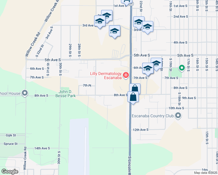 map of restaurants, bars, coffee shops, grocery stores, and more near 2414 8th Avenue South in Escanaba