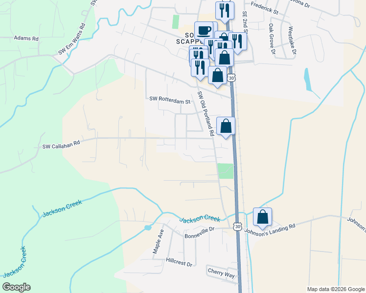 map of restaurants, bars, coffee shops, grocery stores, and more near 51087 Southwest Amsterdam Lane in Scappoose
