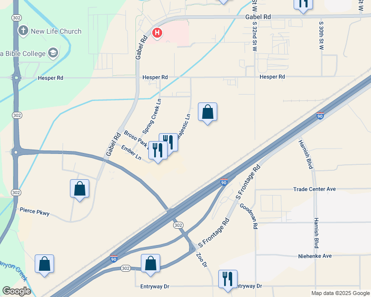 map of restaurants, bars, coffee shops, grocery stores, and more near 1785 Majestic Lane in Billings