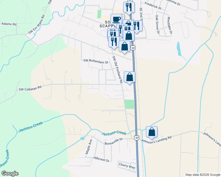 map of restaurants, bars, coffee shops, grocery stores, and more near 33422 Southwest Callahan Road in Scappoose