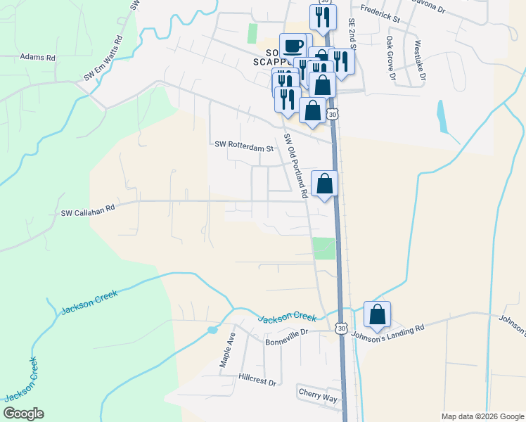 map of restaurants, bars, coffee shops, grocery stores, and more near 51087 Southwest Amsterdam Lane in Scappoose